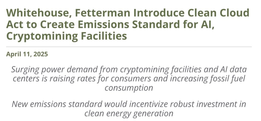 डेमोक्रेटिक पार्टी ने "क्लीन क्लाउड एक्ट" का प्रस्ताव रखा हरित ऊर्जा को अपनाने के लिए अमेरिकी बिटकॉइन खनन कंपनियों और एआई कंप्यूटिंग केंद्रों की आवश्यकता है: 2035 तक शून्य कार्बन उत्सर्जन प्राप्त करें"><figcaption id="caption-attachment-412772" class="kmkert">स्रोत: www.epw.senate.gov</figcaption></figure><h3>बिल का मुख्य तंत्र: क्षेत्रीय उत्सर्जन सीमा और वार्षिक कटौती</h3><p>के अनुसार मसौदे की सामग्री, बिल वर्तमान "स्वच्छ वायु अधिनियम" (स्वच्छ वायु अधिनियम) में संशोधन करेगा। आगे बढ़ते हुए, क्रिप्टोक्यूरेंसी खनन फार्म और एआई कंप्यूटिंग केंद्रों सहित 100 किलोवाट (किलोवाट) से अधिक ऊर्जा क्षमता वाले सभी डेटा केंद्रों को क्षेत्र-विशिष्ट उत्सर्जन सीमाओं का पालन करना होगा। </p><p>इन सीमाओं के मानक अमेरिकी ऊर्जा विभाग द्वारा प्रकाशित नेशनल ट्रांसमिशन रिक्वायरमेंट्स स्टडी में परिभाषित विभिन्न बिजली क्षेत्रों की विशेषताओं पर आधारित होंगे। इसका मतलब यह है कि प्रत्येक क्षेत्र में ऊर्जा संरचनाओं और पावर ग्रिड में अंतर को ध्यान में रखते हुए, विभिन्न क्षेत्रों में सुविधाओं को अलग-अलग उत्सर्जन कटौती दबाव का सामना करना पड़ेगा। </p><p>बिल में कहा गया है कि <strong>प्रत्येक क्षेत्र के लिए विशिष्ट उत्सर्जन सीमा 2025 के अंत से पहले निर्धारित की जाएगी। इसके बाद, 2035 में शून्य उत्सर्जन तक पहुंचने तक सीमा को हर साल 11% कम किया जाएगा। </strong>उत्सर्जन सीमा को पूरा करने में विफल रहने वाली कंपनियों के लिए, उनके अतिरिक्त उत्सर्जन के आधार पर मुद्रास्फीति-समायोजित जुर्माना लगाया जाएगा। </p><p>यह ध्यान देने योग्य है कि मसौदा स्पष्ट रूप से संबंधित कंपनियों को अपने ग्राहकों पर इन जुर्माना लागतों को डालने से रोकता है, यह सुनिश्चित करते हुए कि कंपनियां स्वयं पर्यावरणीय जिम्मेदारियां लेती हैं। </p><h3>सख्त रिपोर्टिंग दायित्व और जिम्मेदारियां</h3><p>विस्तृत वार्षिक रिपोर्ट प्रस्तुत करने के लिए प्रासंगिक सुविधाओं की आवश्यकता के अलावा, रिपोर्ट में उनकी कुल बिजली खपत और बिजली स्रोतों (नवीकरणीय ऊर्जा और जीवाश्म ईंधन का अनुपात) जैसे प्रमुख डेटा शामिल होना चाहिए। </p><p>एक उल्लेखनीय विवरण यह है कि बिल जुर्माना भरने की जिम्मेदारी सुविधा मालिक के बजाय "पट्टे पर दी गई सुविधा के पट्टेदार" पर डालता है। इसका मतलब यह है कि खनन या एआई कंप्यूटिंग के लिए सर्वर स्थान किराए पर लेने वाले व्यक्तियों या कंपनियों को भी बिल के दायरे का विस्तार करते हुए रिपोर्टिंग आवश्यकताओं और संभावित जुर्माने में शामिल किया जा सकता है। </p><p>अच्छे पक्ष को देखते हुए, यदि बिल पारित हो जाता है, तो यह क्लाउड सेवा प्रदाताओं और डेटा सेंटर ऑपरेटरों को पर्यावरण नियमों के प्रति संवेदनशील ग्राहकों को आकर्षित करने के लिए अधिक सक्रिय रूप से हरित ऊर्जा समाधान खोजने के लिए प्रेरित करेगा। लेकिन यह छोटे खिलाड़ियों के लिए एक बड़ी चुनौती पैदा कर सकता है, जिनके पास ऊर्जा परिवर्तन करने या जटिल नियामक अनुपालन आवश्यकताओं से निपटने के लिए बड़ी कंपनियों के संसाधनों की कमी हो सकती है। </p><h3>एन्क्रिप्शन खनन उद्योग ने बड़ी मात्रा में नवीकरणीय ऊर्जा को अपनाया है</h3><p>पिछले साल के अंत के आंकड़ों के अनुसार, वैश्विक बिटकॉइन खनन नेटवर्क द्वारा उपयोग की जाने वाली 50% से अधिक ऊर्जा वास्तव में पानी, हवा और सौर ऊर्जा जैसे नवीकरणीय ऊर्जा स्रोतों से आती है। आइसलैंड और क्यूबेक, कनाडा जैसे प्रचुर और सस्ती हरित ऊर्जा वाले क्षेत्र खनिकों के लिए लोकप्रिय विकल्प बन गए हैं। </p><p>यदि भविष्य में "क्लीन क्लाउड एक्ट" वास्तव में पारित हो जाता है, तो खनन कंपनियां और एआई कंप्यूटिंग केंद्र निस्संदेह नवीकरणीय ऊर्जा को अपनाने की गति में तेजी लाएंगे, और उन कंपनियों को खत्म कर सकते हैं जो अनुकूलन करने में असमर्थ या अनिच्छुक हैं। </p><p>कुल मिलाकर, मसौदा काफी आक्रामक उत्सर्जन कटौती कार्यक्रम है, जो संबंधित कंपनियों को जल्द से जल्द ऊर्जा परिवर्तन रणनीतियों की योजना बनाने के लिए मजबूर करता है। हालाँकि, ट्रम्प प्रशासन के संदर्भ में, उन्होंने बार-बार कहा है कि ग्लोबल वार्मिंग का कार्बन उत्सर्जन से कोई लेना-देना नहीं है। इस बिल को कांग्रेस में रिपब्लिकन के विरोध का सामना करना पड़ेगा (रिपब्लिकन तर्क दे सकते हैं कि अत्यधिक कड़े पर्यावरण नियम नवाचार को रोक देंगे और क्रिप्टोकरेंसी और एआई के दो अग्रणी क्षेत्रों में संयुक्त राज्य अमेरिका की प्रतिस्पर्धात्मकता को कमजोर कर देंगे)। यह भविष्य में पारित होगा या नहीं यह अभी भी अनिश्चित है। </p>